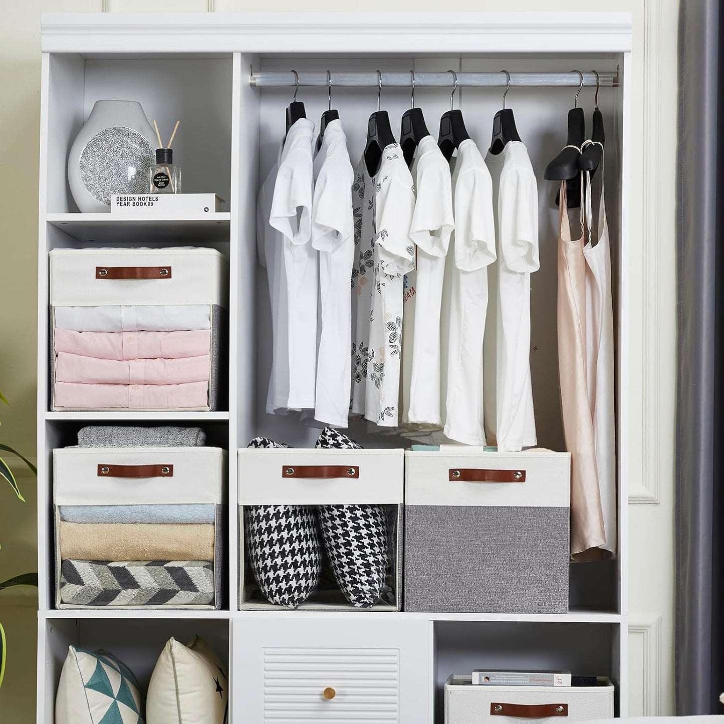 Storage Cubes, 4 Pack Linen Foldable Storage Bins (13 x 13 inch) with Clear Window and Handles, Fabric Organizer for Shelf Closet, Clothes, Books - (Gray and White)