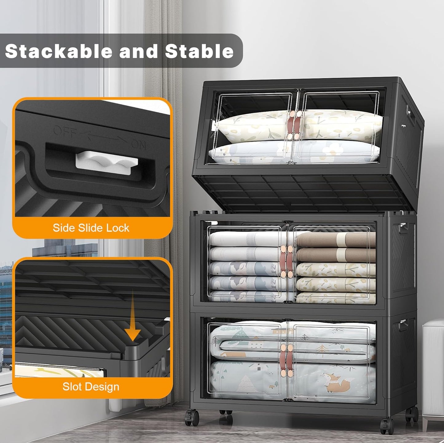 Extra Large Stackable Storage Bins with Lids & Wheels & Door, 480QT-160QT/40GAL*3Pack Foldable Collapsible Closet Organizers, Plastic containers drawers for bedroom Dorm