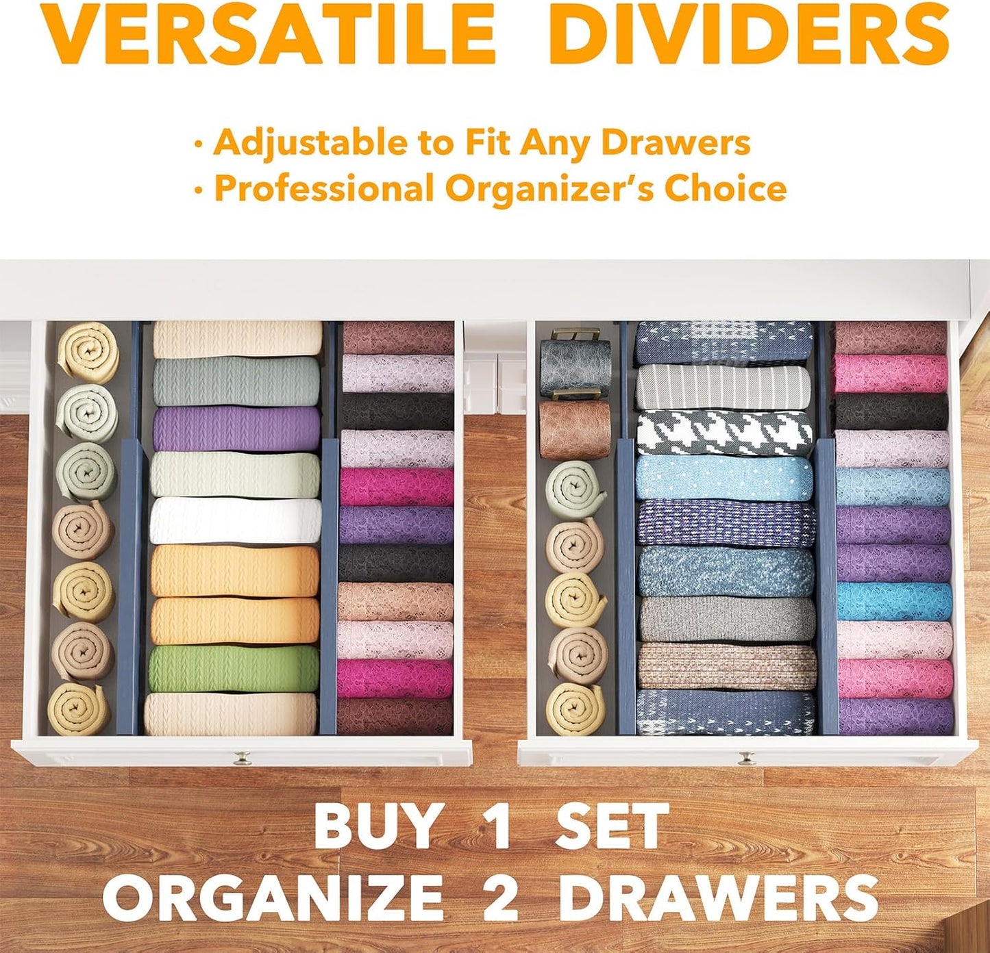 SpaceAid Bamboo 4 Pack Dresser Drawer Dividers, 4.65“ High Adjustable 12.5“-17” Drawer Organizers, Expandable Organization for Clothing, Clothes, Dressers, Navy Blue