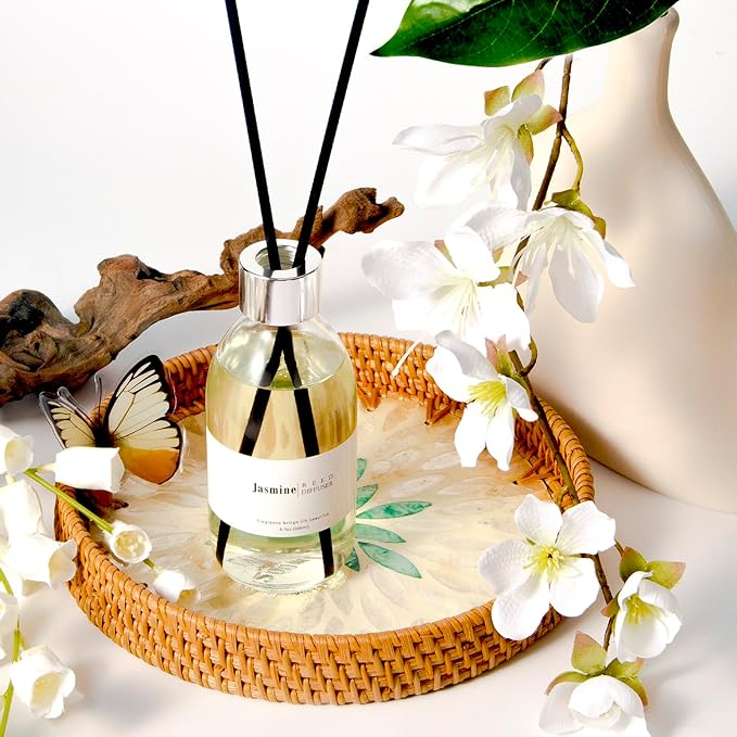 Clesh Reed Diffuser Set, 6.7 oz Jasmine Scented Diffuser with Sticks, Home Fragrance Reed Diffuser for Bathroom Shelf Decor