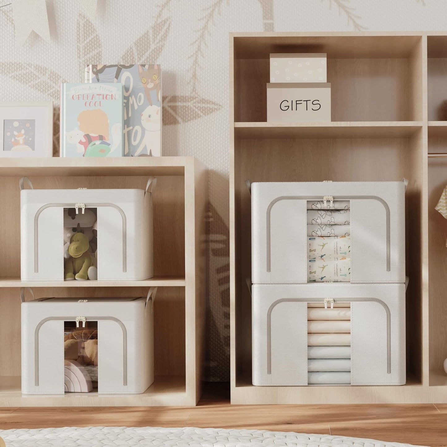 Pinkpum 3 Pack Clothes Storage Bins with Metal Frame, Closet Organizers and Storage Boxes, Stackable & Foldable Clothes Organizer Bags with Large Clear Window & Long Carry Handles, Beige 40L