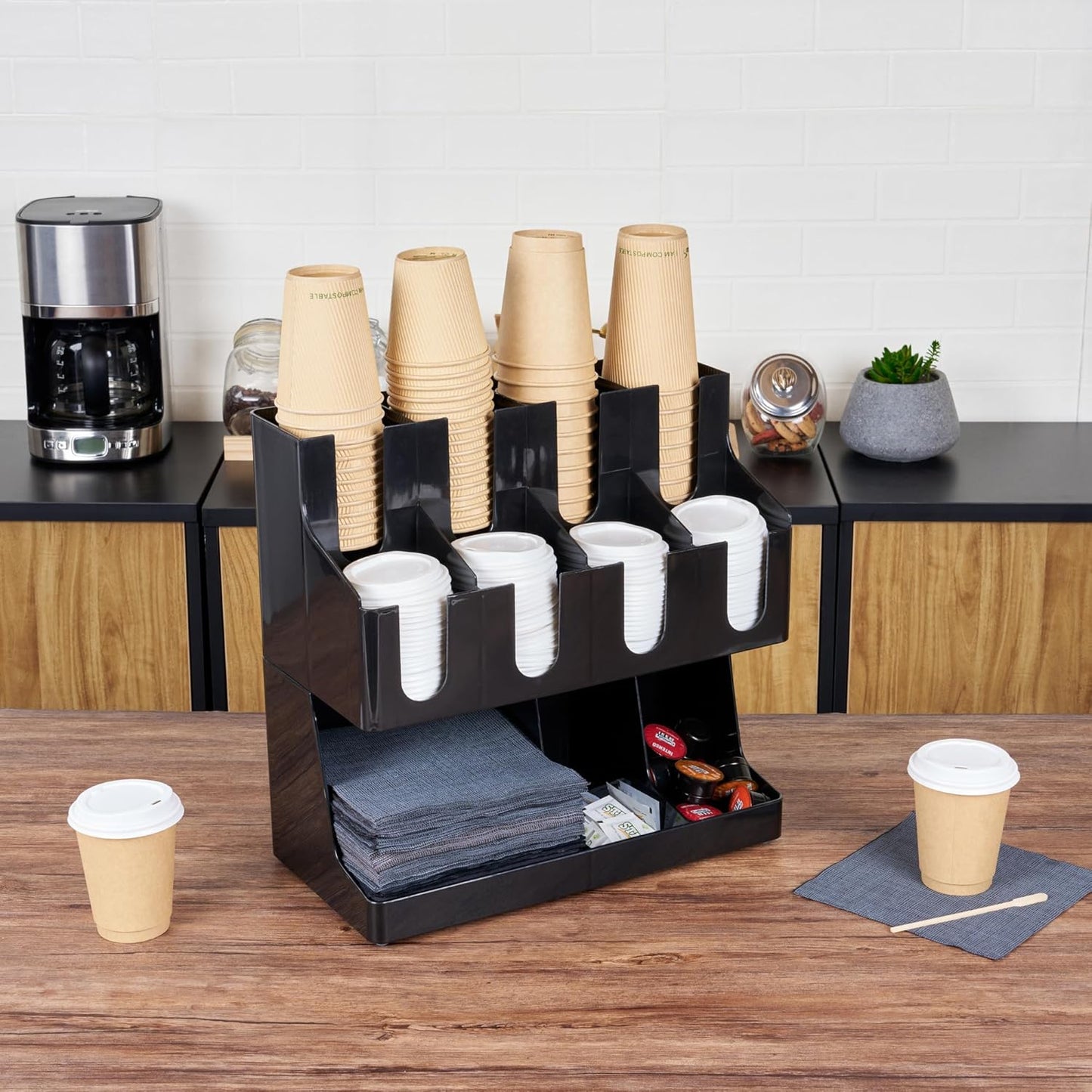 Restaurantware Restpresso Coffee Bar Organizer, 1 Count Durable 11 Compartments, Compact Size, Black Plastic Tabletop Coffee Supplies Organizer For Homes, Office Spaces, Breakrooms, and Lounges