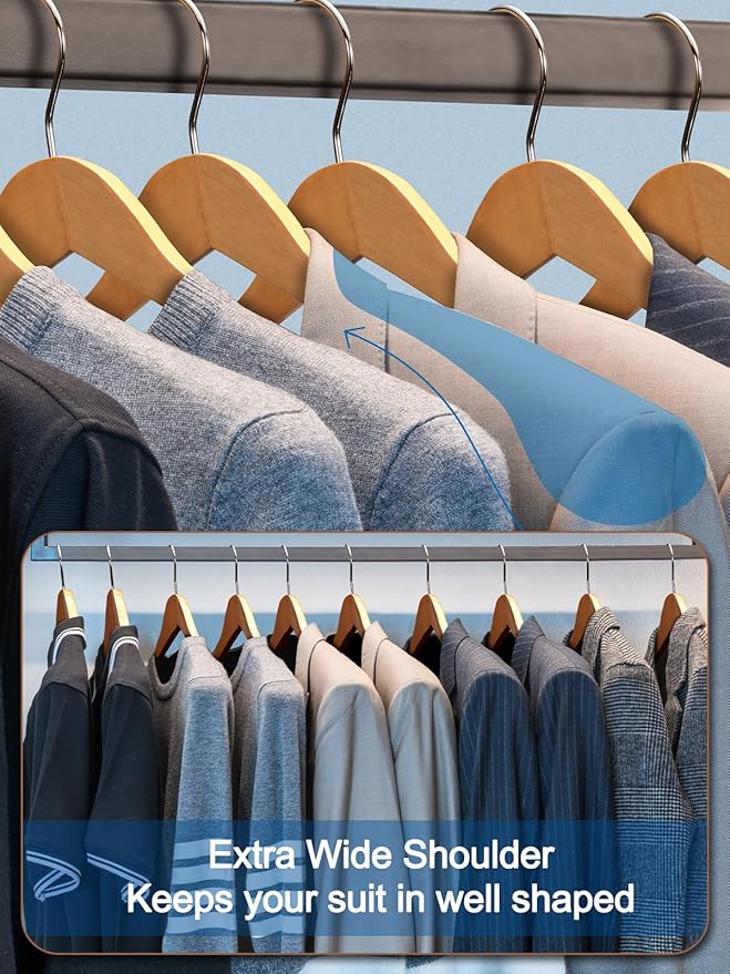 HOUSE DAY 19'' Extra Wide Shoulder Wooden Hangers 6 Pack, Premium Large Wood Suit Hangers With Non Slip Pant Holder, Wide Shoulder Hangers for Suits, Coats, Jackets, Heavy Wide Clothes Hanger, Natural