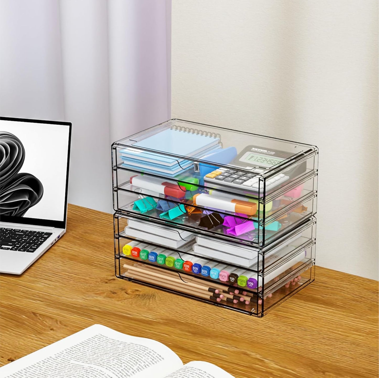 Yieach 2 Pack Acrylic Storage Drawers With 6 Drawers,Stackable Desk Organizer and Makeup Organizer,Large Clear Office Supplies Organizer for Pen,Stationary,Palettes,Arts Craft Organizers and Storage
