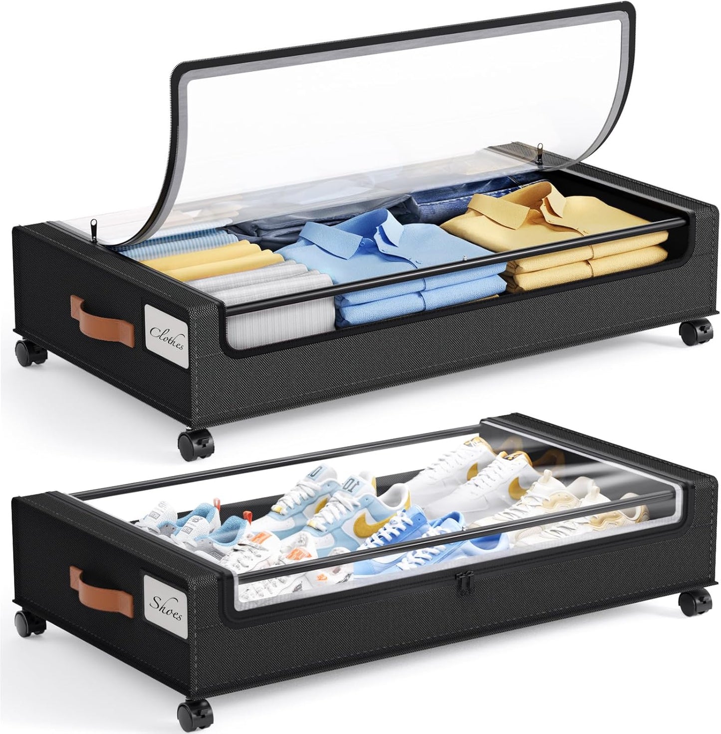 Yecaye 60L Under Bed Storage with Wheels, 2 Pack Under Bed Storage Containers, Underbed Shoe Storage with Clear Window & Label, Rolling Under Bed Metal Drawer for Clothes, Shoes, Books, Black