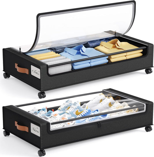 Yecaye 60L Under Bed Storage with Wheels, 2 Pack Under Bed Storage Containers, Underbed Shoe Storage with Clear Window & Label, Rolling Under Bed Metal Drawer for Clothes, Shoes, Books, Black