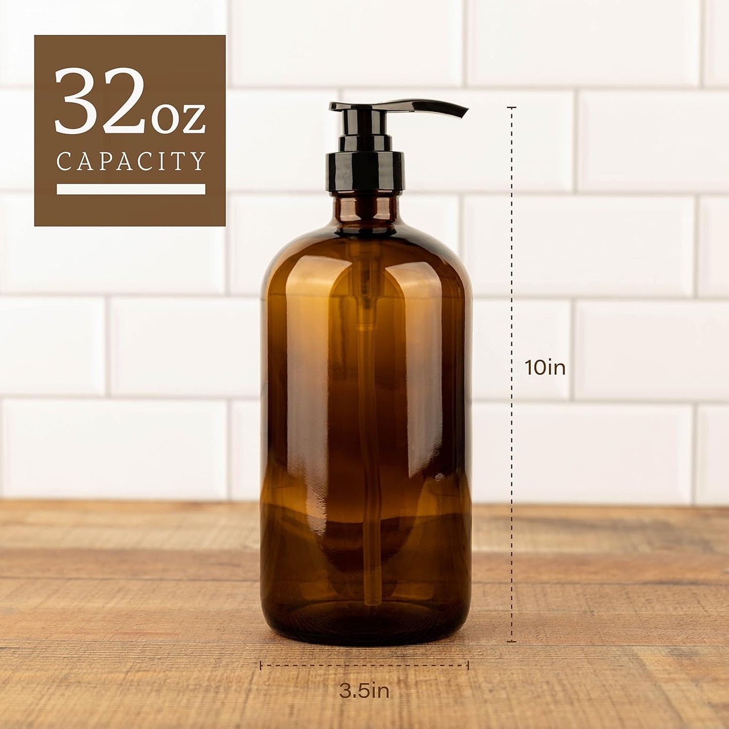 32 Ounce Glass Pump Dispenser Bottle, Large Amber Container with Pump for Shower and Bath Shampoo Soap Conditioner Lotion - 1 Liter - by Kitchentoolz