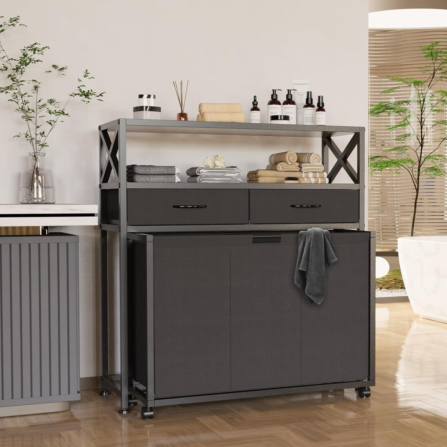 Laundry Hamper 3 Section, 150L Rolling Laundry Sorter Basket with 2 Shelves and 2 Drawers, 3 Compartment Clothes Organizer Cart with Wheels, Pull-Out Bags for Laundry Room, Bathroom, Bedroom