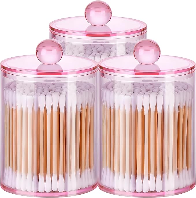 AXX Qtip Dispenser Apothecary Jars Bathroom - Qtip Holder Storage Canister Clear Plastic Jar for Cotton Swab,Q-Tips,Cotton Rounds (Pink 3Pcs)
