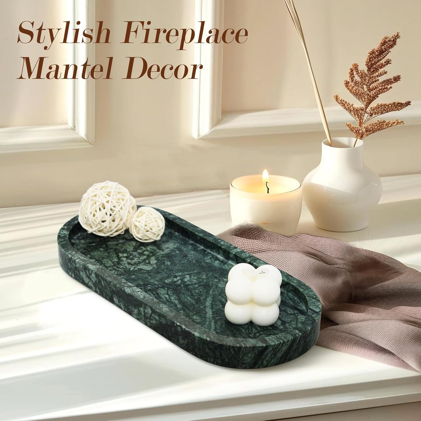 100% Natural Marble Vanity Tray for Bathroom, Luxury Indian Green Decorative Marble Oval Trays for Bathroom Countertop Storage Organizer, Vanity Dresser Kitchen Home Decor, 10.2" x 4.3", Green