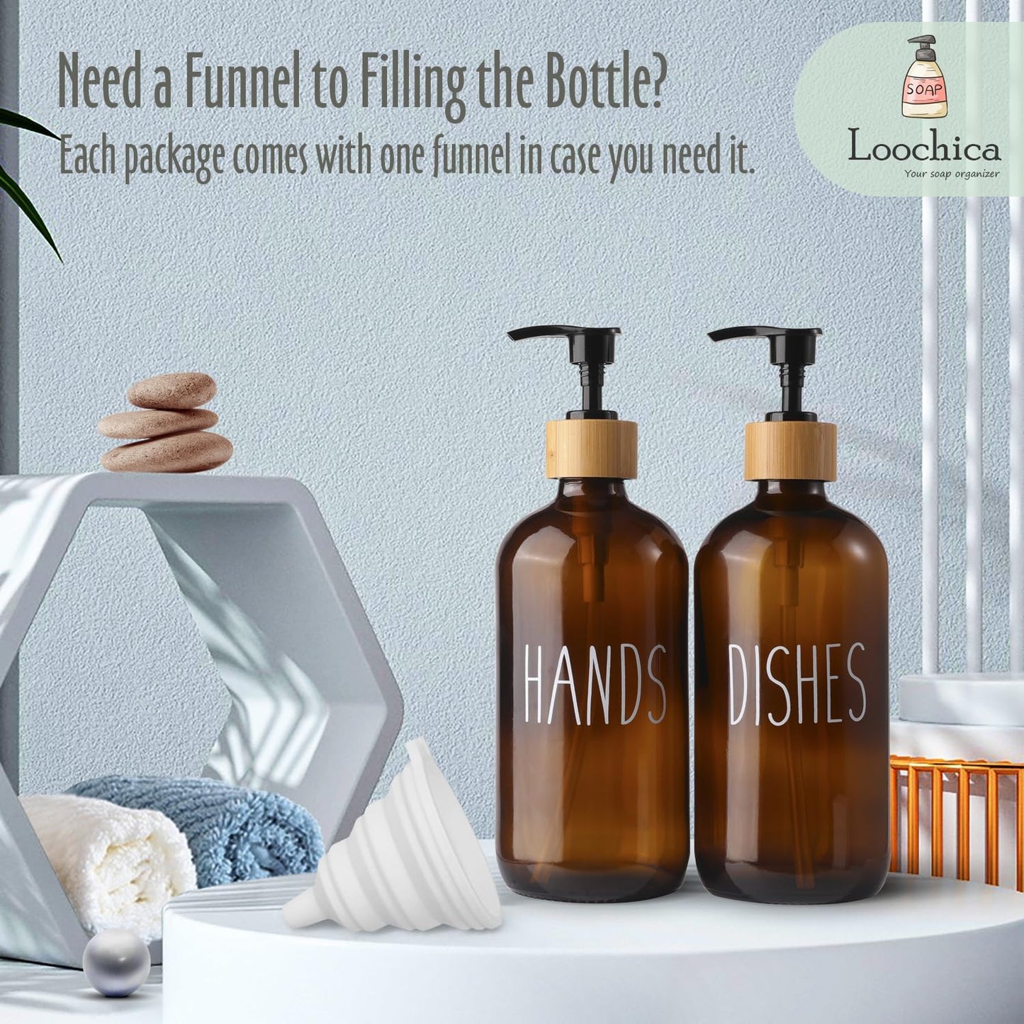 2 Pack Amber Glass Soap Dispenser with Plastic Pump, Brown Dish and Hand Soap Dispenser Set, Refillable Reusable Apothecary Soap Pump Dispenser Bottles for Bathroom and Kitchen