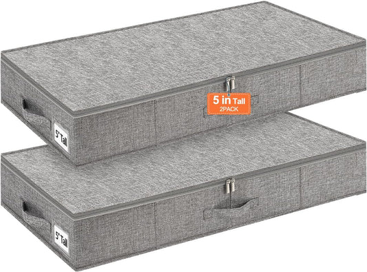 punemi Low Profile Under Bed Storage, 5 inches High Underbed Storage Containers With Sturdy Sidewalls & Bottom, Slim Under Couch Sofa Storage, Shallow Under Bed Organizer Clothes Storage Bins, 2Pack