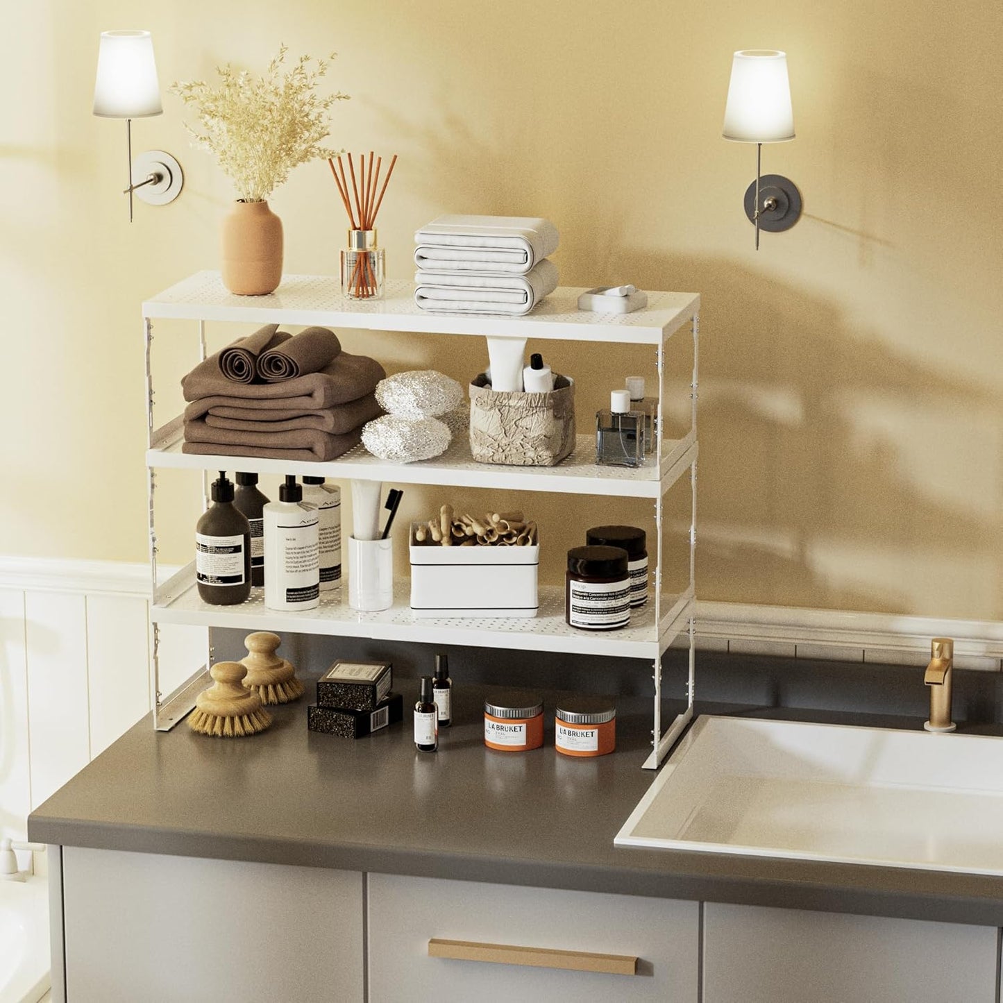 Adjustable Stackable Metal Storage Shelf Organizer - Expandable Wire Rack with Perforations for Kitchen, Pantry, Bathroom, Cabinet & Office-Compact, Durable & Sturdy (3PACKS/Medium/White)