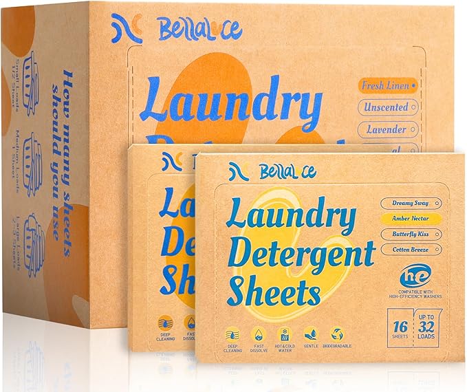 BellaLuce Laundry Detergent Sheets: 1 Home Size (240 Loads, Fresh Linen) & 2 Travel Size (32 Loads, Fresh Linen & Amber Nectar) | Portable for College, Dorm, Hotel, Family