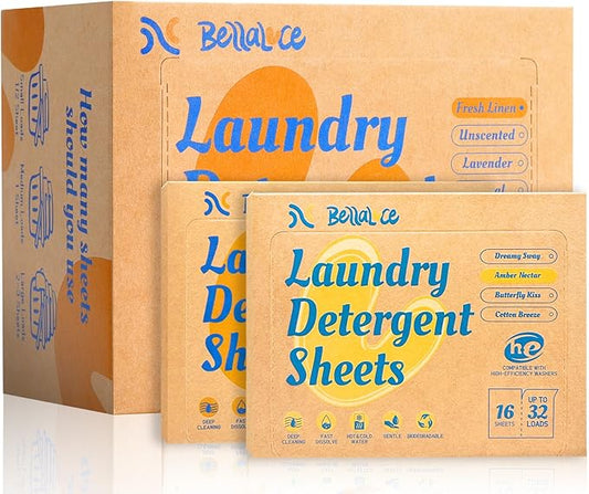 BellaLuce Laundry Detergent Sheets: 1 Home Size (240 Loads, Fresh Linen) & 2 Travel Size (32 Loads, Fresh Linen & Amber Nectar) | Portable for College, Dorm, Hotel, Family
