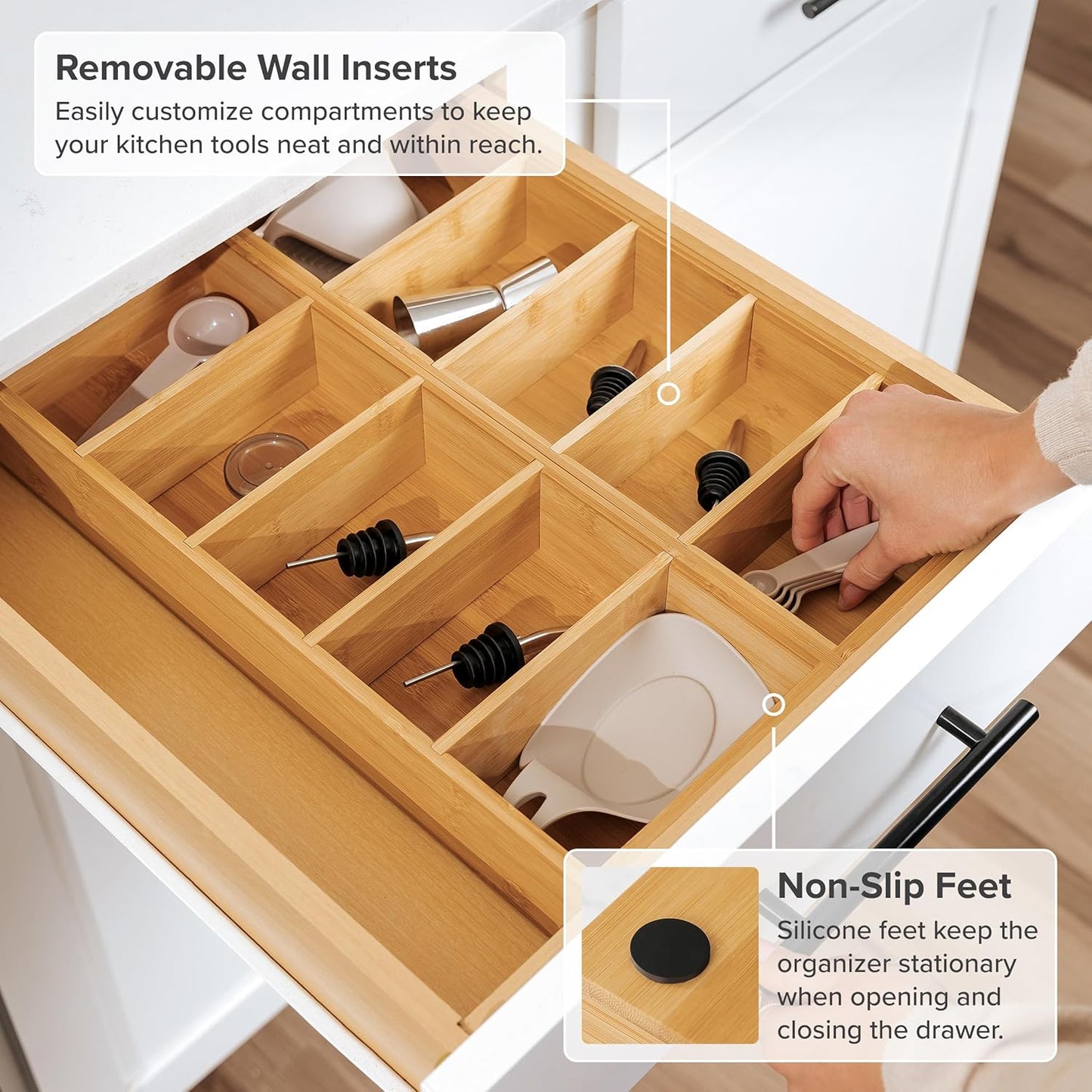 KitchenEdge Premium Kitchen Utensils and Junk Drawer Organizer – Small 5-Compartment Design with 4 Removable Dividers, Non-Slip Feet, 100% Sustainable Bamboo, 2 Pack