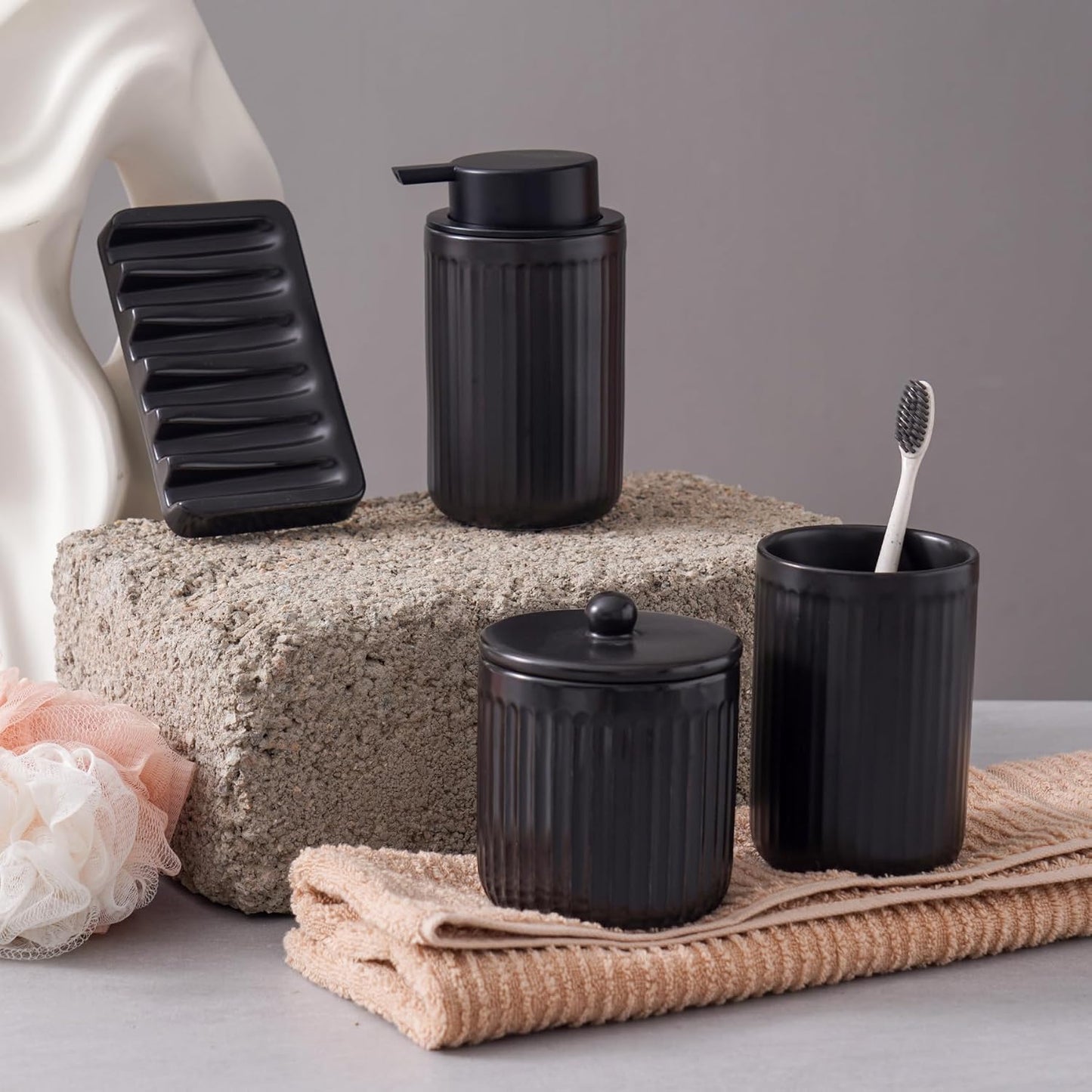 Ceramic Bathroom Accessories Set,Foam Soap Dispenser and Toothbrush Holder Set, Soap Dish, Apothecary Jars,Rustic Farmhouse Decor, Bathroom Home Decor (Black Set, Foam)