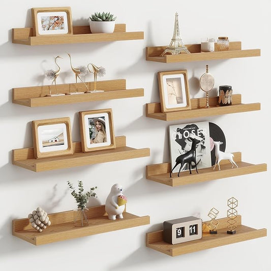 Floating Picture Ledge Shelves Set of 8, 16 Inch Shelves with Lip - Large Nursery Book Shelf for Toys Storage, Kids Bookshelf, Living Room, Bedroom Decor Frames