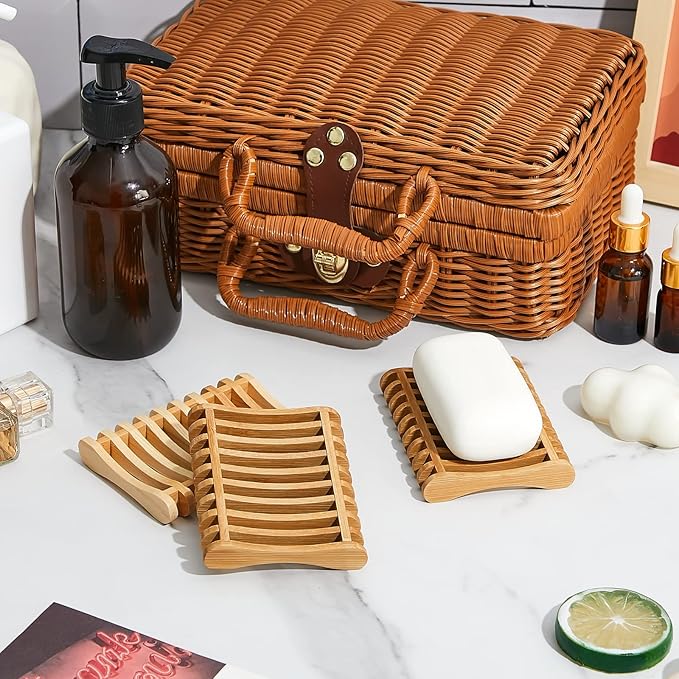 Suclain 3 Pieces Bamboo Soap Dishes Self Draining Wooden Bar Soap Holder for Sponge Dryer Bathroom Toilet Shower Kitchen Restaurant Counter