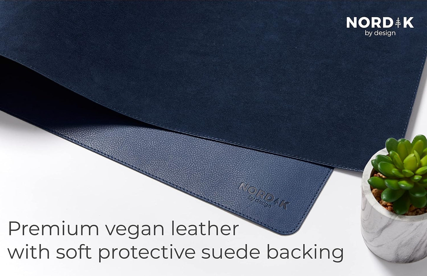 Nordik Leather Desk Mat Cable Organizer (Midnight Blue 35 x 17 inch) Premium Extended Mouse Mat for Home Office Accessories - Felt Vegan Large Leather Desk Pad Protector & Desk Blotter Pads Decor