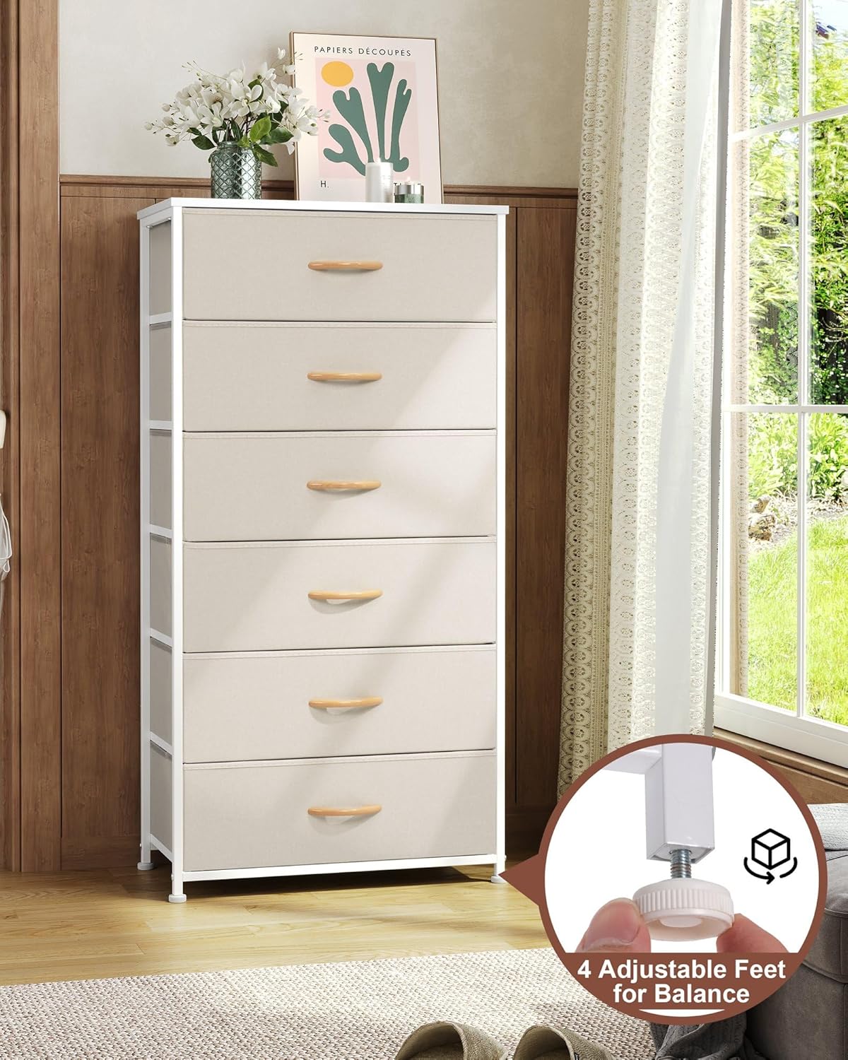 Crestlive Products Dresser for Bedroom with 6 Drawers, Tall Chest of Drawers, Fabric Dressers Bedroom Furniture, Storage Organizer Unit with Bins for Closet, Hallway, Living Room, Entryway(Beige)