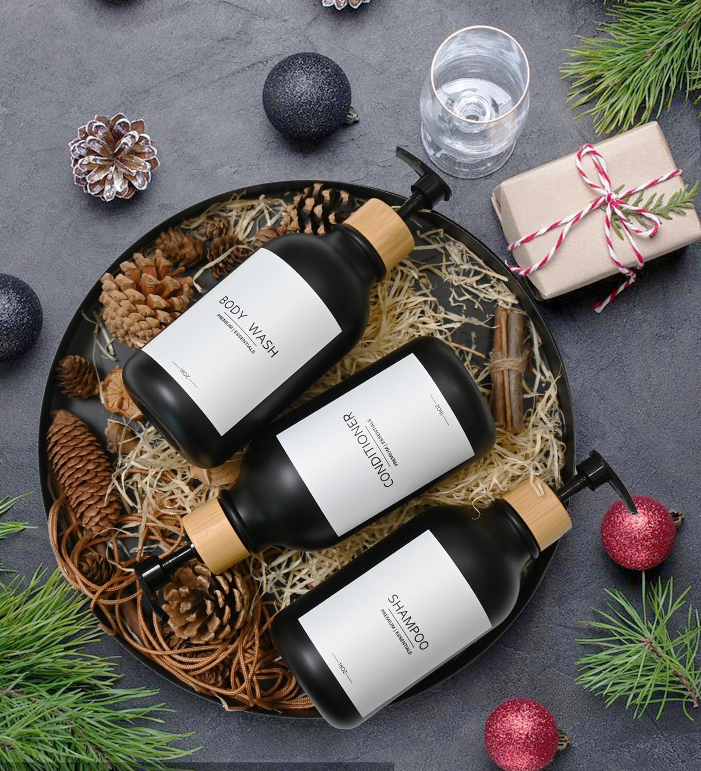 Frosted Plastic Shampoo and Conditioner Bottles, Apothecary Dispenser Bamboo Pump, Refillable Bottles for Shower Lotion, Oil, Hand Soap, Sanitizer, Liquid Soap, Set of 3 with 9 Labels (6, Matte Black)