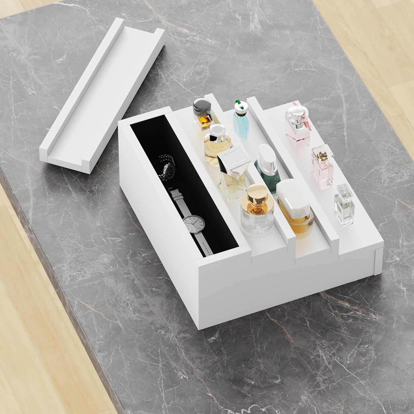 Blisse Cologne/Perfume Organizer, 4-Tier Storage Drawer with Hidden Compartments, Soft-Lined Display Case (White)