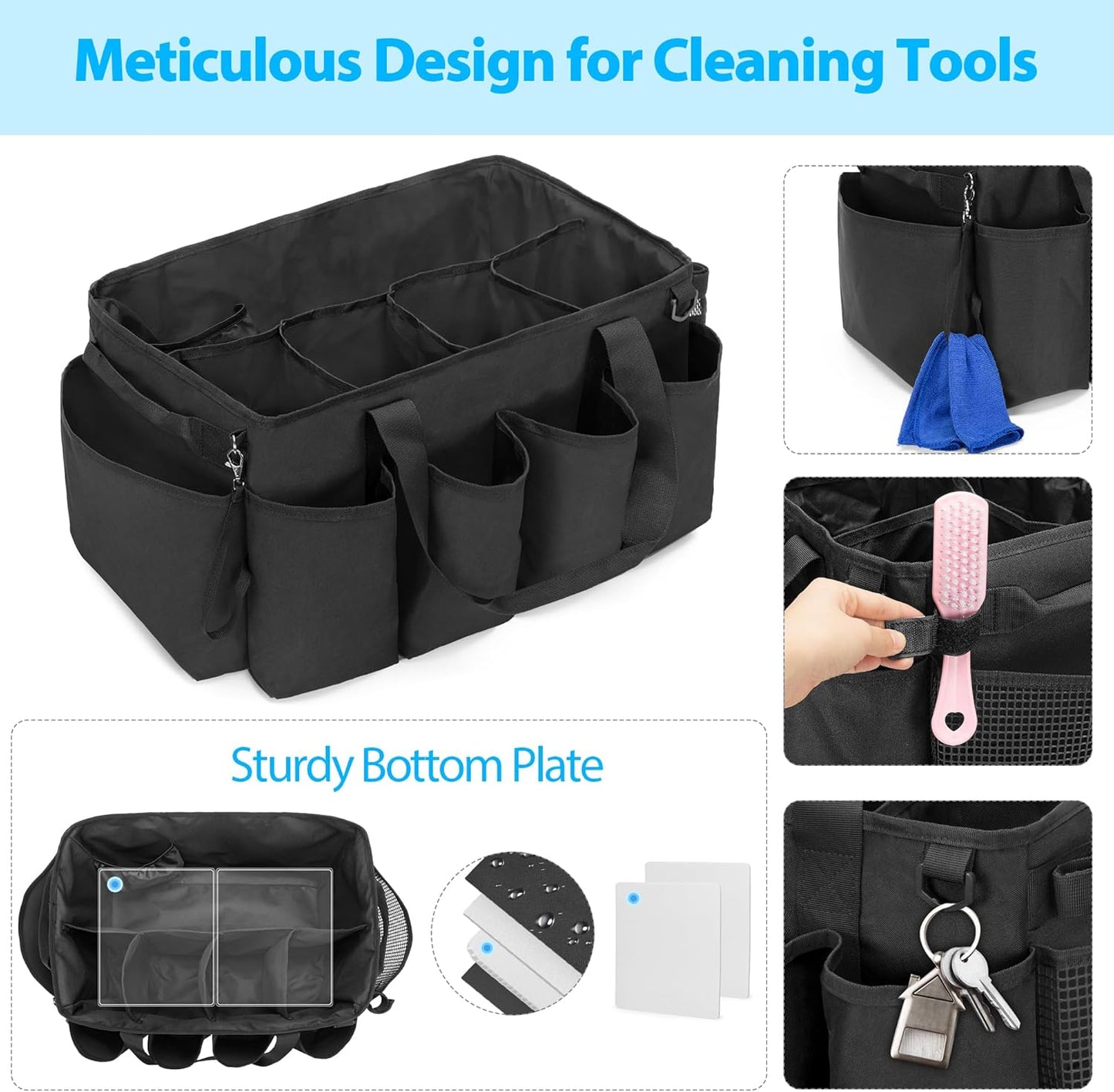 Extra-Large Cleaning Caddy, Organizer with Handles for Cleaning Tools & Products Storage, Large Capacity Tote Bag for Car, Home & Housekeeping Work, Black