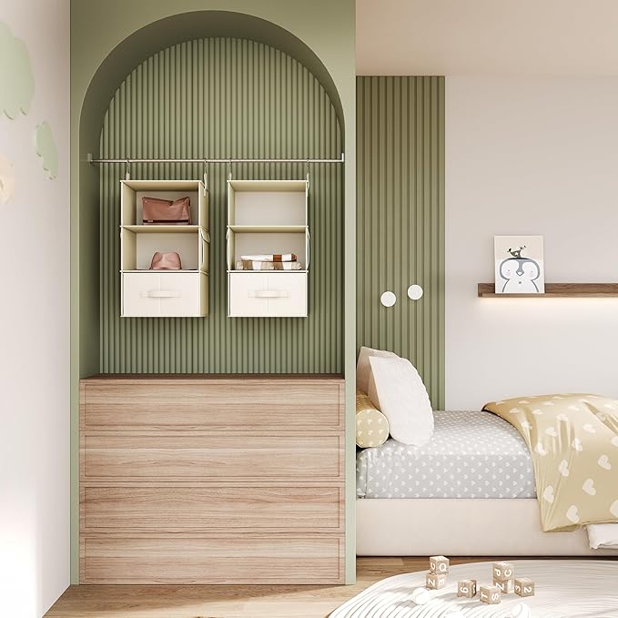 Vailando 3-Shelf Hanging Closet Organizer, Set of 2 Hanging Shelves with 2 Drawers for Wardrobe, Nursery, Baby Clothes Storage and Organization, Beige