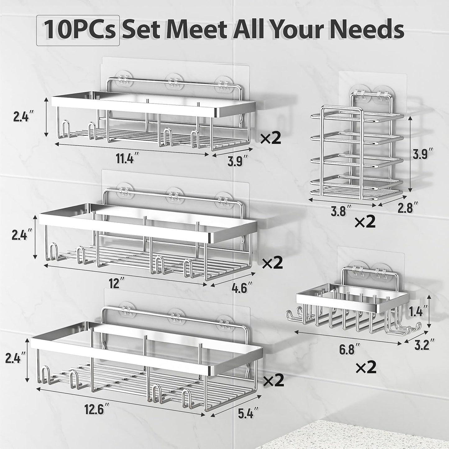 10 Pack Shower Caddy Organizer Rack Shelf for Inside Shower, Self Adhesive Wall Storage Basket Rustproof Stainless Steel Shampoo Holder Bathroom Accessory Decor Set, Silver