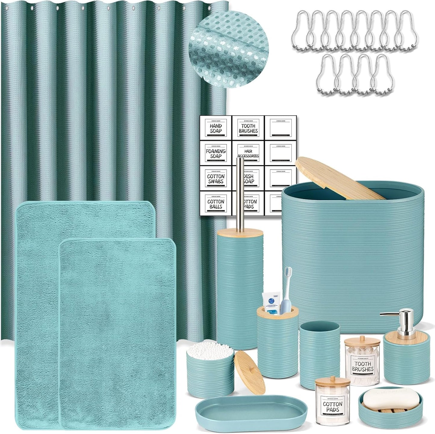 IMAVO Blue Bathroom Set,26Pcs Bathroom Accessories Set with Waffle Shower Curtain,Rugs,Trash Can,Tray,Soap Dispenser,Soap Dish,Toothbrush Holder,Toothbrush Cup,Toilet Brush Holder and Qtip Holders