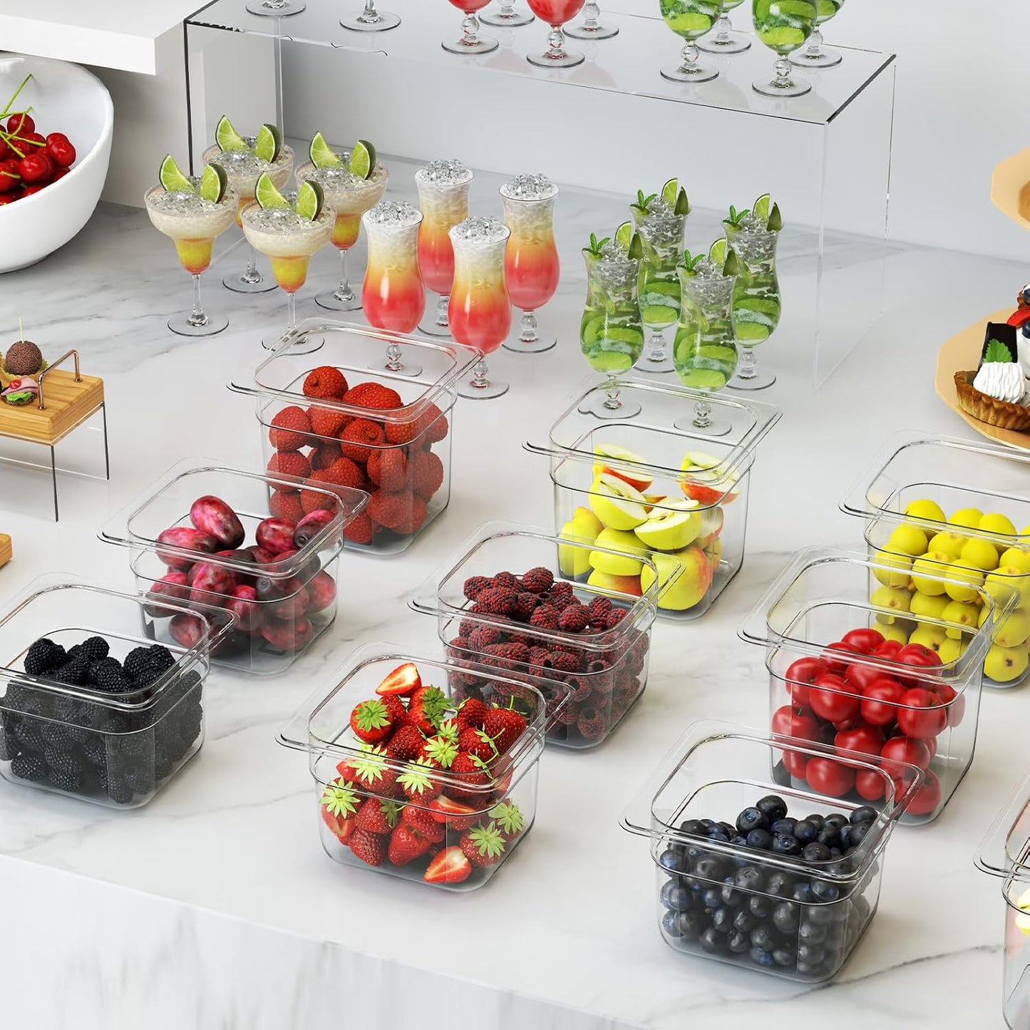 Plastic Clear Food Pan 1/6 Size Stackable Polycarbonate Pan with Capacity Indicator Restaurant Commercial Hotel Pans for Fruits Vegetables Beans Corns (6 PCS, 2.5'' Deep)