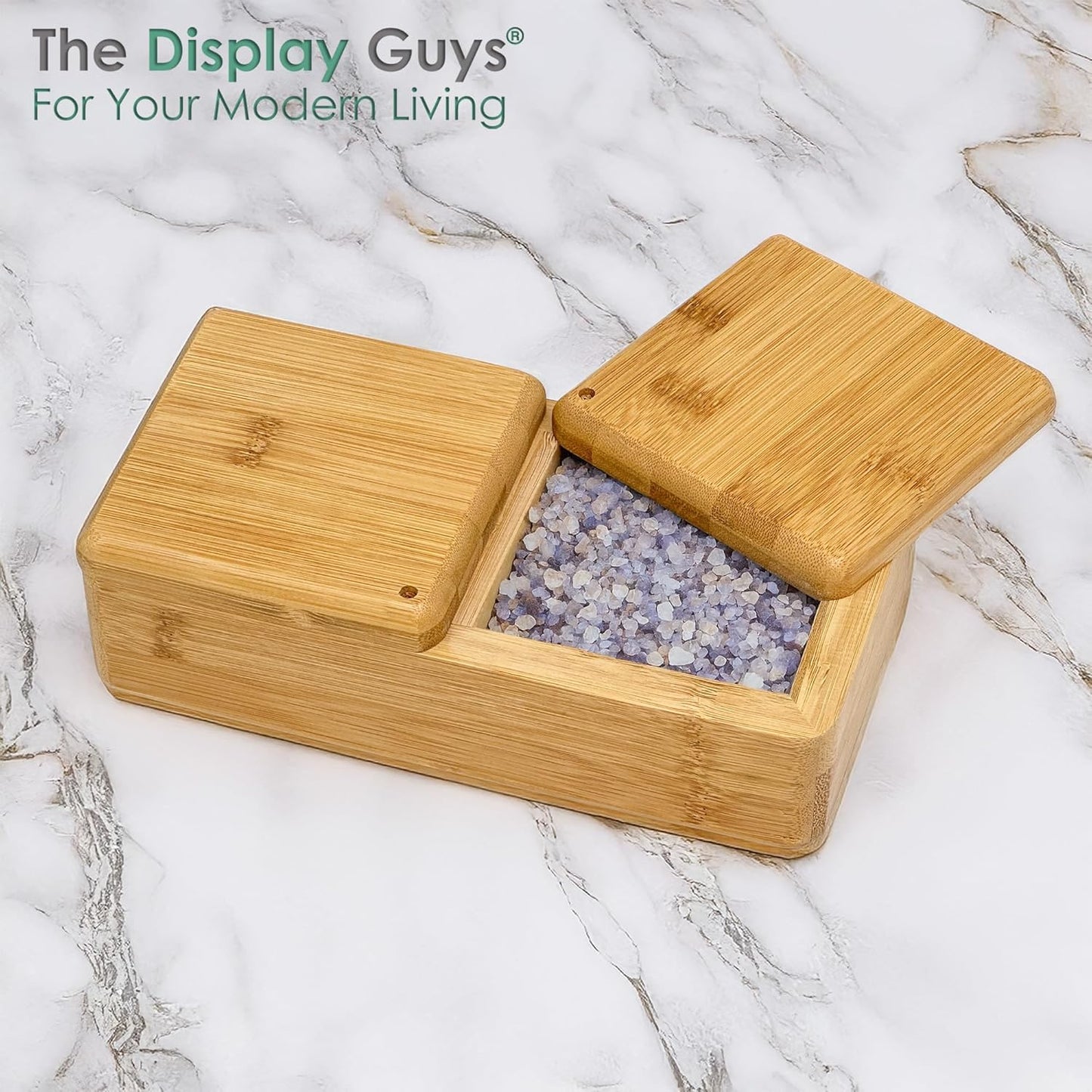 100% Bamboo Dual-Compartment Storage Box w. Lid - 22 oz - Natural Salt Pepper Cellar, Condiment Container, Spice Jar, Office Organizer by The Display Guys