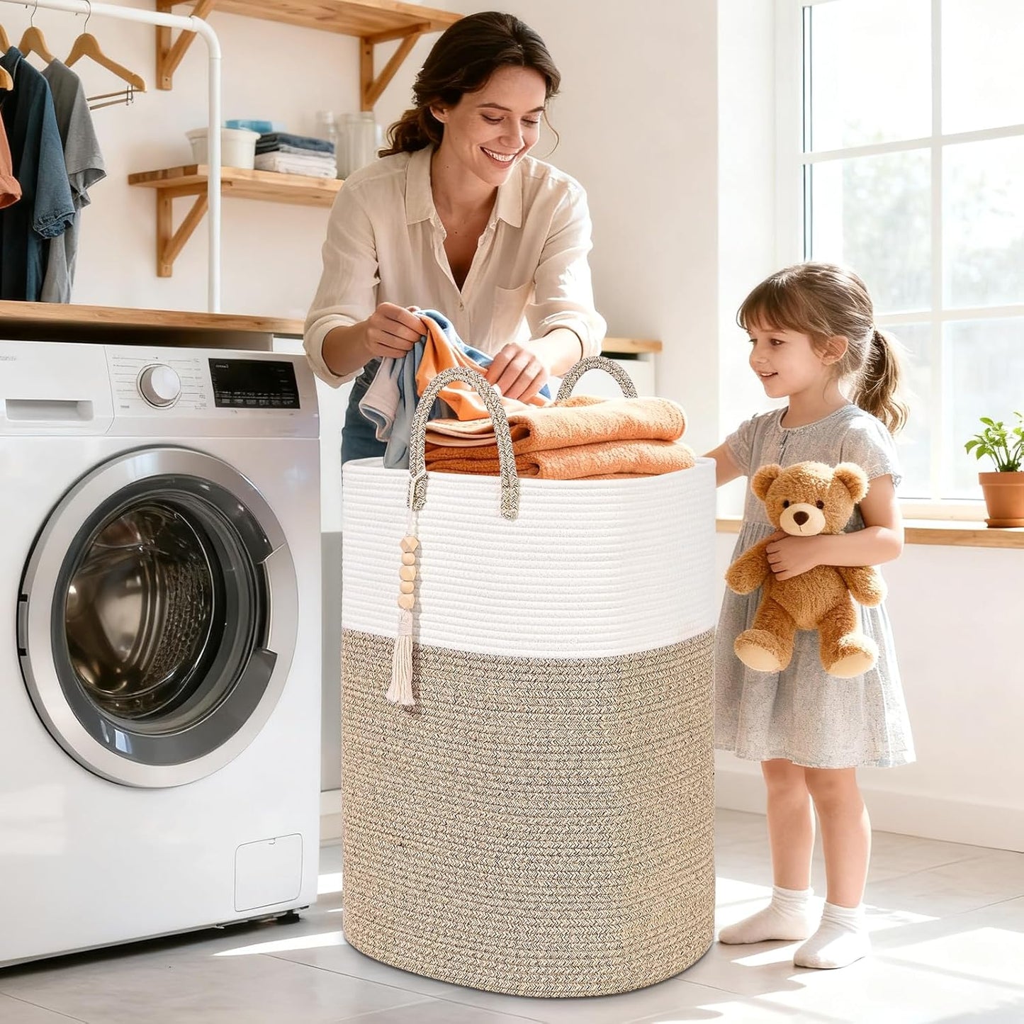 65L Woven Laundry Basket for Clothes, Large Rectangle Laundry Hampers with Beads Tassel, Nursery Storage Basket for Toys, Tall Dirty Clothes Hamper for Bedroom Aesthetic, Laundry Room Organization