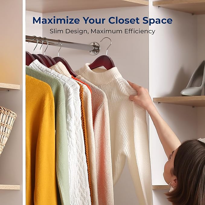 SereneLife 60-Pack Wooden Hangers Cherry Finish – Heavy Duty Suit & Clothes Hangers with Non-Slip Notches, Pants Bar, 360° Swivel Chrome Hook, 10 lb Capacity, Space Saving Closet Organization