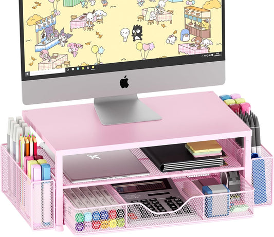 Desk Organizers and Accessories, 2-Tier Computer Monitor Stand Riser with Drawer and 2 Pen Holders, Laptop Stand, Office Desk Accessories & Office Decor for Women, Pink