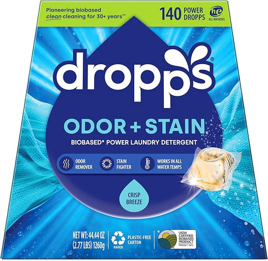 Dropps Odor & Stain Biobased Power Laundry Detergent Pods, Crisp Breeze HE Compatible Laundry Pods for Fresh Clothes - Laundry Soap Supplies & Recyclable Paperboard Packaging