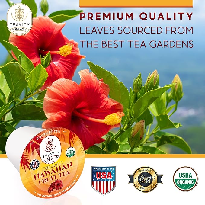 Organic Hibiscus Teapods with Peach, Mango, & Passionfruit - Naturally Decaffeinated Hawaiian Fruit Tea by Teavity (12 Tea Pods)