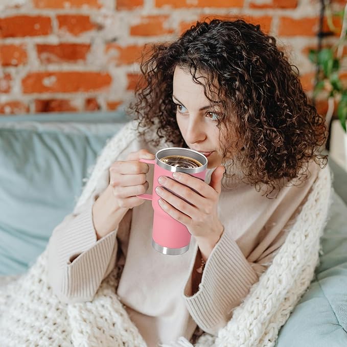 20 oz Tumbler with Handle and Lid, Stainless Steel Tumbler Insulated Travel Coffee Mug, Spill Proof Double Wall Vacuum Tumbler Cup Keep Drink Hot & Cold, Pink, 1 Pack