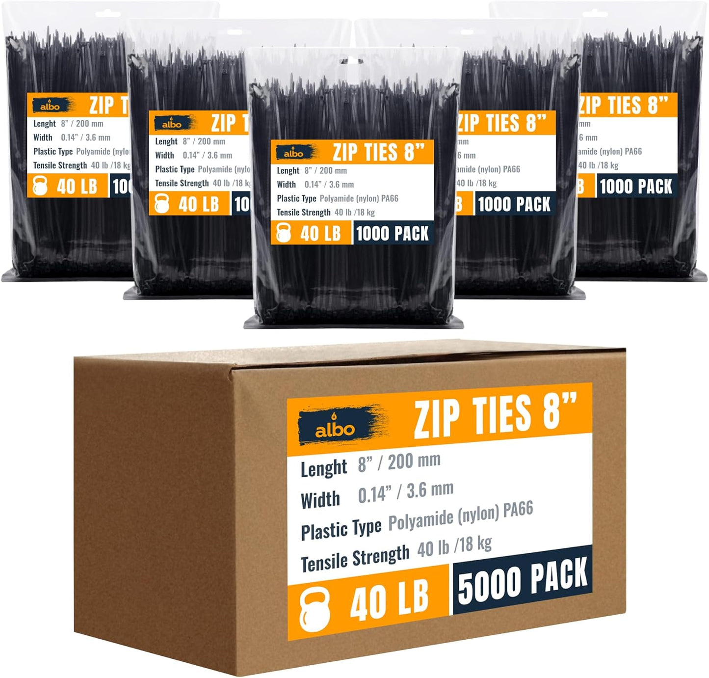 ALBO Zip Ties Black 8 Inch 5000 Pack 40 lb, Long Plastic Cable Ties Thick 0.14 Inch Tie Wraps Heavy Duty UV Resistant Nylon Wire Ties for Indoor and Outdoor / 5000pcs