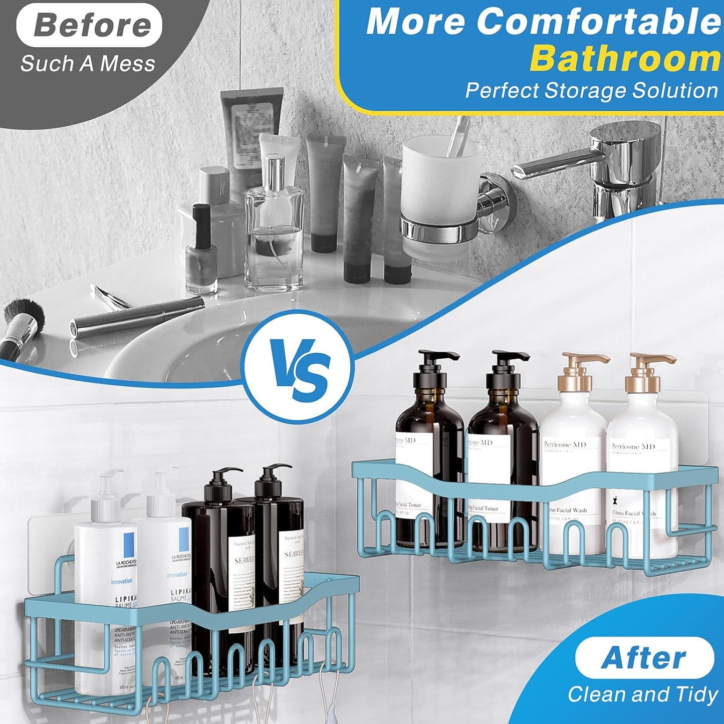 EUDELE Shower Caddy 2 Pack, Adhesive Shower Organizer for Home Decor & Kitchen Organizers, No Drilling, Rustproof Stainless Steel Bathroom Shelves