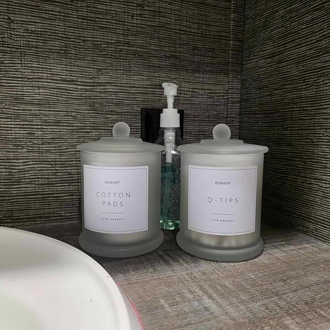 Qtip Holder & Cotton Pad Dispenser, Bathroom Organizer and Storage Canisters, 16oz Glass Apothecary Jars for Kitchen, Restroom - Home Decor, Room Decor Aesthetic (2 Pack, Frosted White)