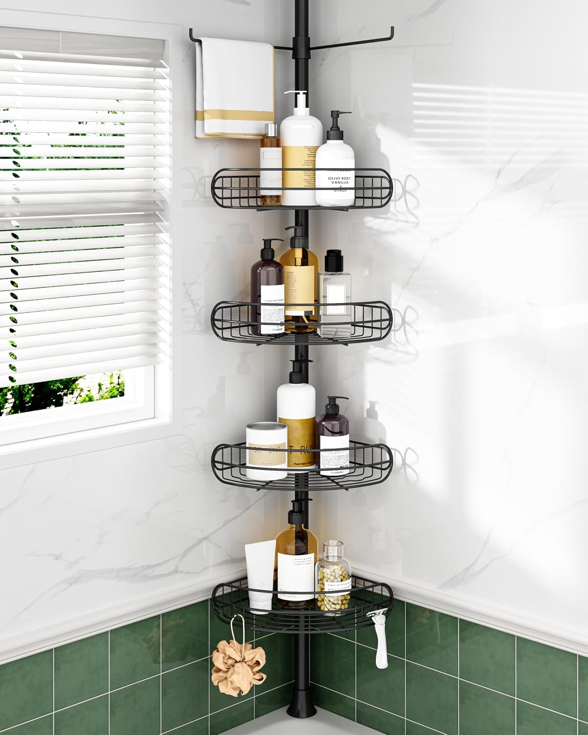 ALLZONE Corner Shower Caddy Tension Pole, 4-Tier Adjustable Shelves, Rustproof Bathroom Shower Organizer Corner for Inside Shower Storage, Tension Mounted, 39 to 115 Inch Height, Black