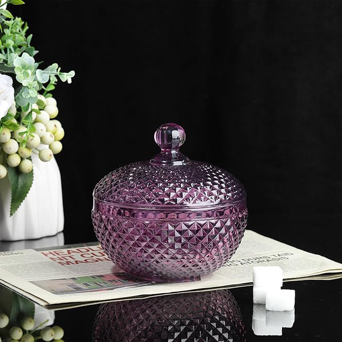 Joeyan 12 oz Small Dark Purple Glass Jars with Lid,Embossed Candy Dishes,Diamond Faceted Food Container,Decorative Jewelry Box Apothecary Canisters,Colored Kitchen Bathroom Buffet Storage Organizer