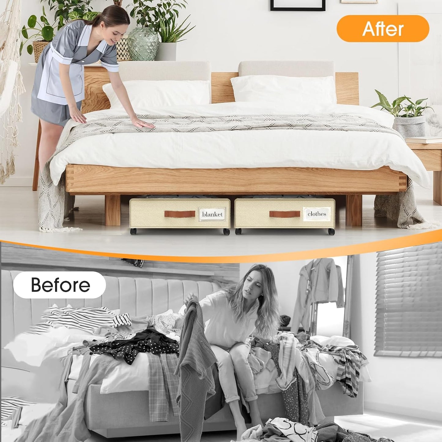 Under Bed Storage with Wheels 2Pack Underbed Storage with Clear Window&Label Under Bed Drawers Large Capacity Rolling Under Bed Storage for Clothes,Shoes, Blankets (Beige)