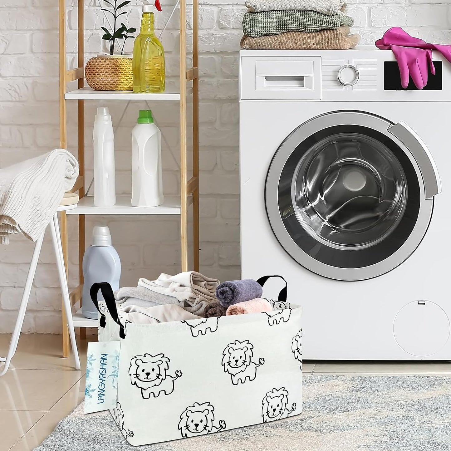 LANGYASHAN Rectangular Storage Bin Collapse Canvas Fabric Cartoon Storage Basket with Handles for Organizing Home Kitchen Boys and Girls Toys Office Closet Shelf Baskets (Rec lion)