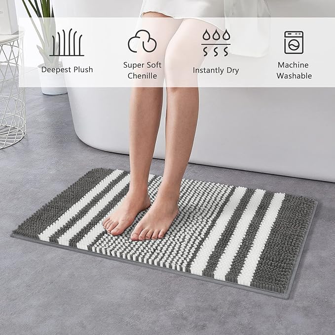 Tindbea Bathroom Rugs Set 2 Piece, Extra Soft and Absorbent Fluffy Striped Chenille Bath Mat Rug Set, Non Slip Bathroom Floor Mat, Machine Washable (20" x 32" Plus 16" x 24", Dark Gray)