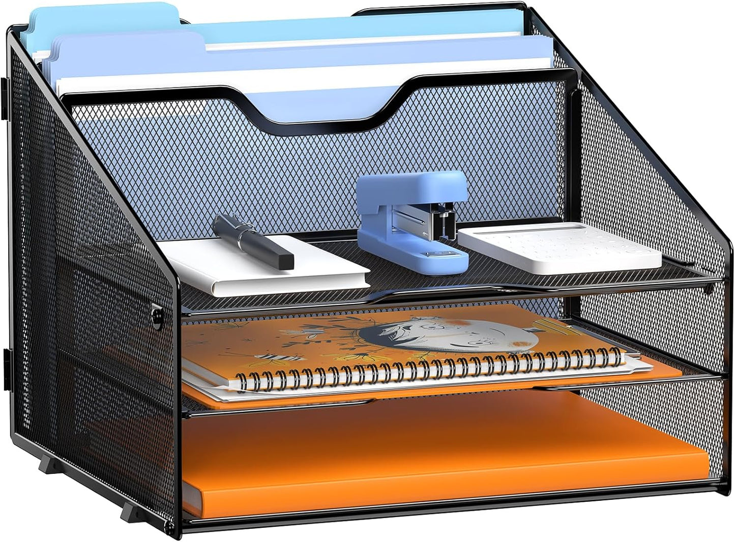 Letter Tray Organizer, Mesh Desk File Organizer with 3 Paper Trays and 2 Vertical Upright Section, Blank