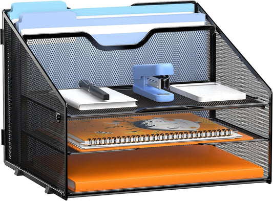 Letter Tray Organizer, Mesh Desk File Organizer with 3 Paper Trays and 2 Vertical Upright Section, Blank