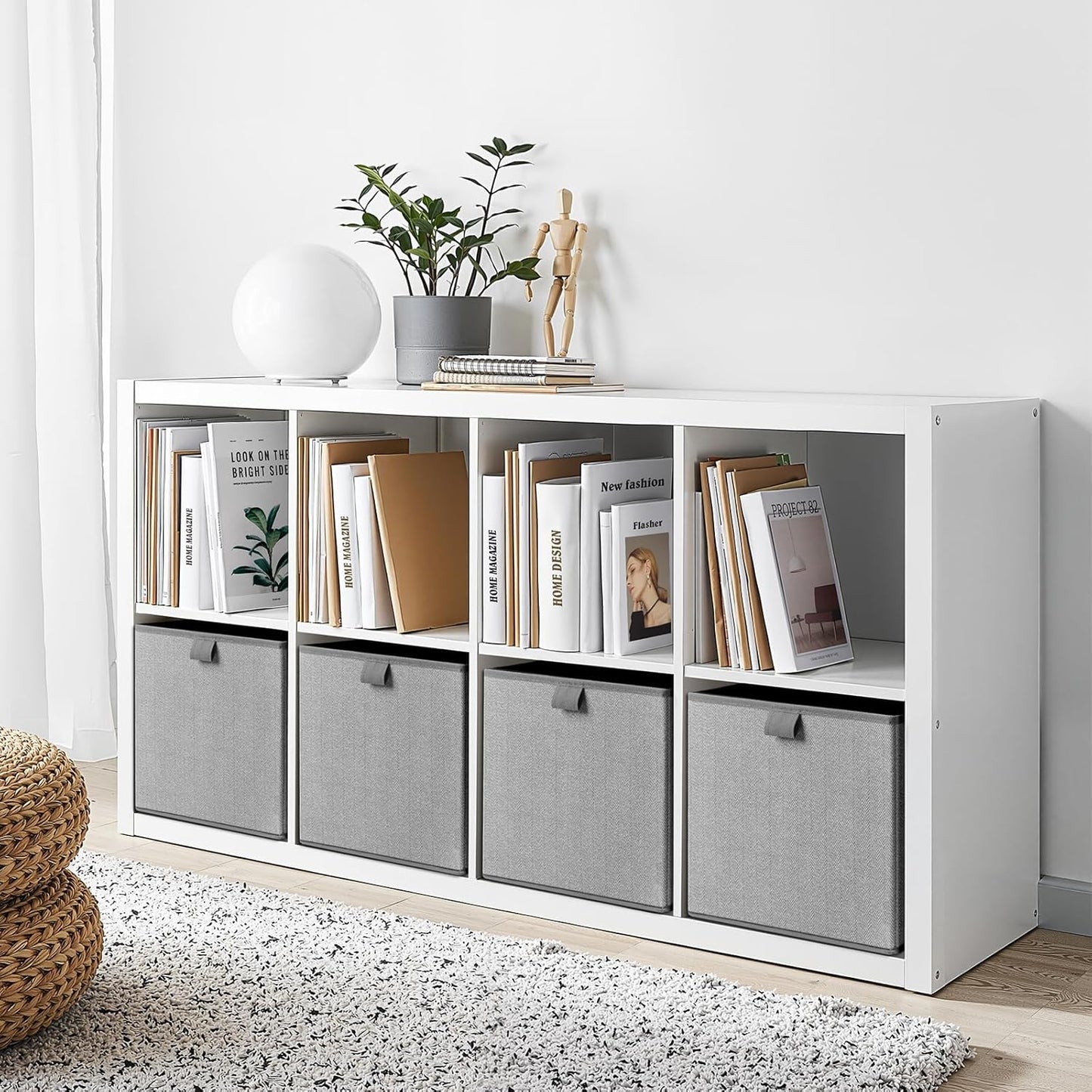 Storage Baskets, 11.8-Inch Woven Fabric Bins, Storage Cubes with Reinforced Handles, Organizer Bins for Closet Shelves, Foldable, for Toys, Clothes, Natural Beige (2PCS/Grey-11.8*11.8*11.8inch)